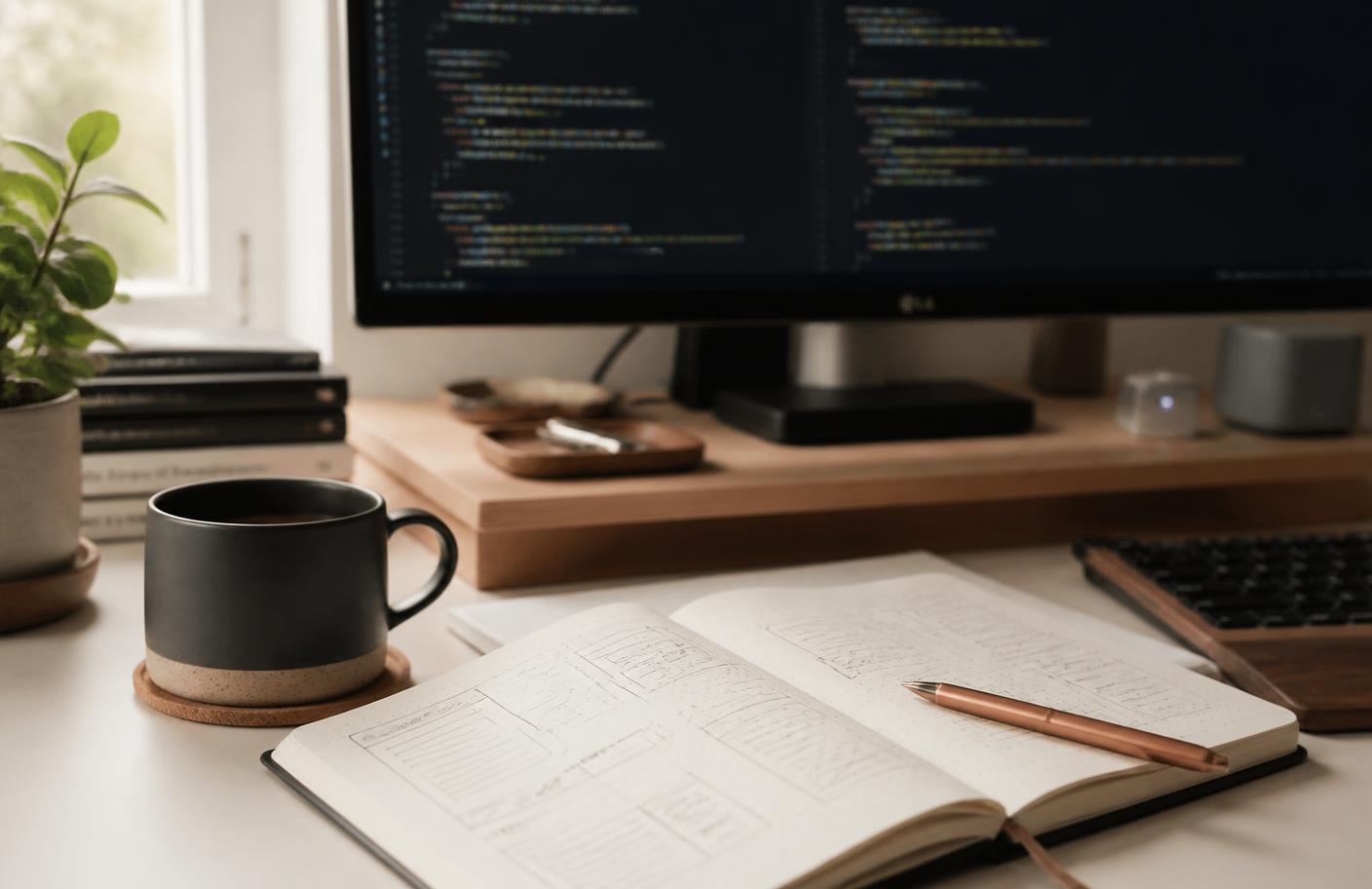 Desk with an open notebook of interface wireframe sketches, a copper pen and a monitor showing code