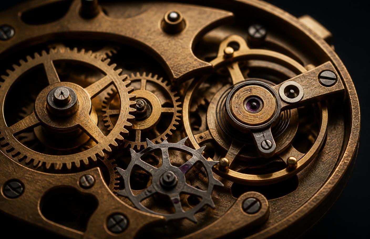 Macro photograph of brass clockwork gears and escapement mechanism