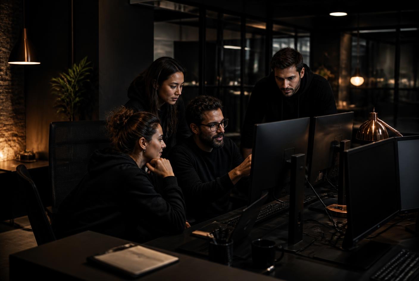 Four software engineers reviewing code together on monitors in a dark office